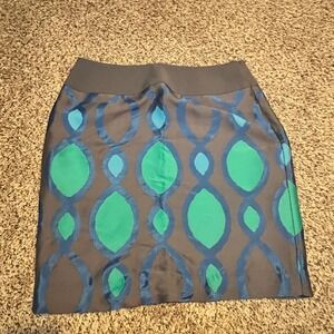 Jana Kos Womens 100% Silk Geometric Ogee Mini Skirt Blue Green Gray Size 6 USA
